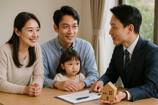 住宅モデルを見ながら相談する家族と担当者